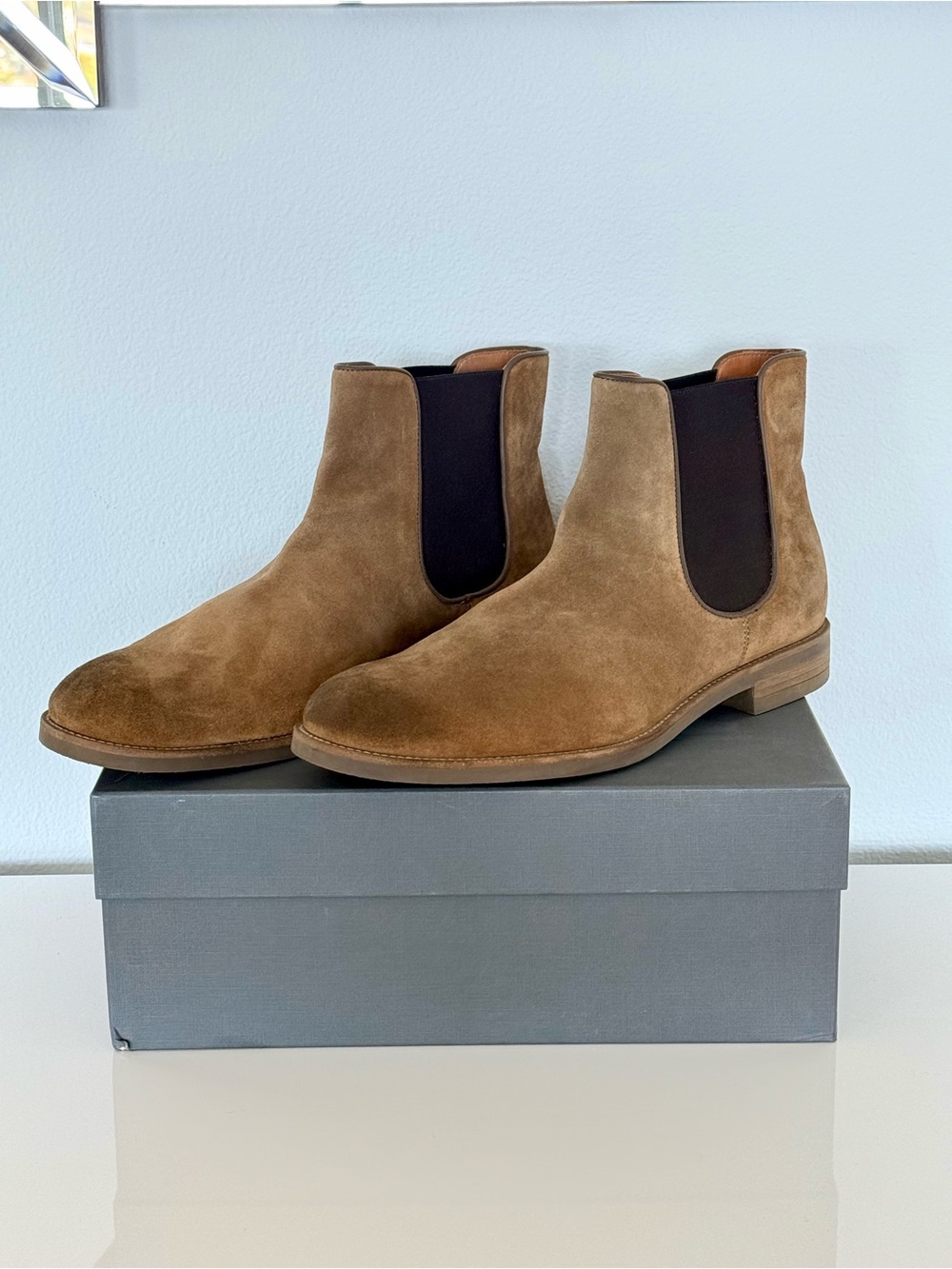 John Varvatos Varick Tan Suede Short Chelsea Boots
